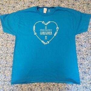 Oncology Caregiver Nurse Cancer Ribbon Heart Heart Blue Tshirt Large